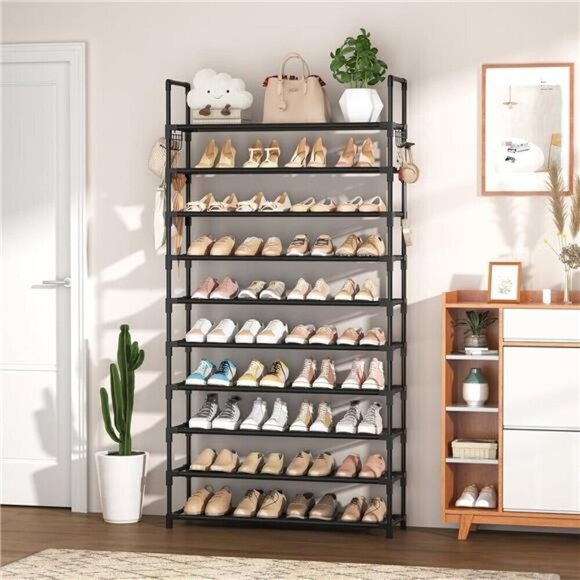 Tall Shoe Rack 10 Tier Storage Organizer Holds 50 Pairs Metal Shelf Black - Picture 2 of 7